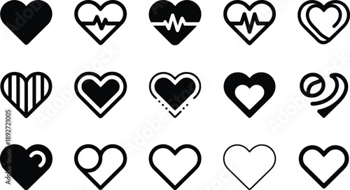 Creative collection of 15 heart icons and symbols in various styles, including patterned and heartbeat