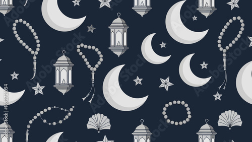 Islamic Pattern with Beads and Crescent Moon on Dark Background
