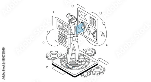 Man in vr headset interacts with futuristic interface on smartphone with gears