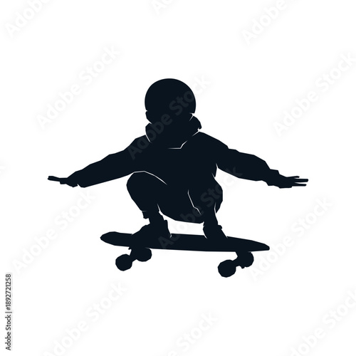 Silhouette of young boy skater performing trick on skateboard, black and white vector illustration