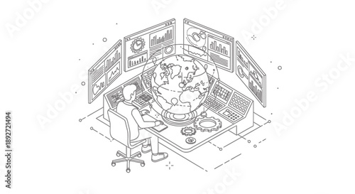 Man sitting at desk with globe surrounded by computer screens in modern office cubicle