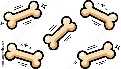 Playful arrangement of cartoon dog bones with sparkling effects, representing treats and rewards for pets.