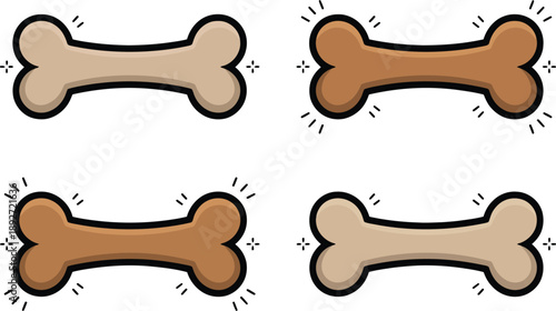 Collection of four cartoon dog bones in different shades of beige and brown, with subtle sparkling effects.