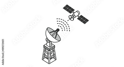 Satellite dish on tower communicates with orbiting satellite in space for signal transmission