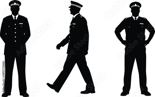 Police officer silhouette set, uniformed law enforcement man standing walking pose, black vector illustration isolated on white background, security design