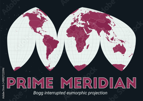 Prime Meridian. World map. Bogg interrupted eumorphic projection centered to Prime Meridian. Pale Mint Dark Pink palette. Vintage texture. Modern vector illustration.