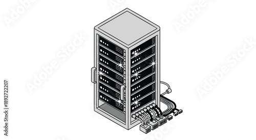 Server cabinet with multiple electronic equipment racks and cables connected