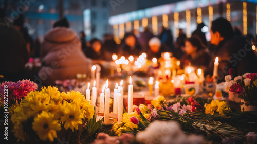 Candlemas, Candlemas night gathering with glowing candles, flowers, and people honoring sacred Christian tradition