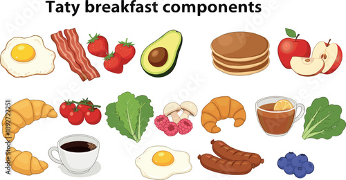 Set of delicious breakfast food components including eggs bacon pancakes and fruits