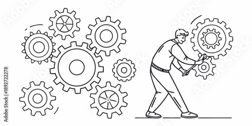 Line art illustration of a skilled professional adjusting gears with a wrench, symbolizing problem-solving, mechanical engineering, and strategic business process optimization
