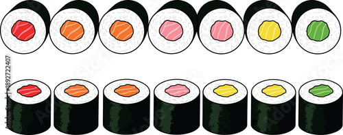 Set of various sushi maki rolls with different colorful fillings