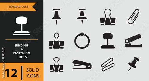 Collection of 12 solid icons featuring essential binding and fastening tools for office and home use