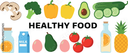 Set of healthy food ingredients with fresh vegetables fruits milk and eggs