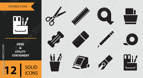 A collection of 12 solid icons representing essential desk and utility stationery items