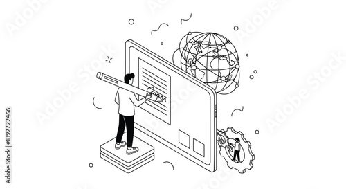 Man standing on books holding giant pencil interacting with large computer screen and globe