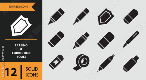 Solid icons set for erasing and correction tools, perfect for creative and office designs