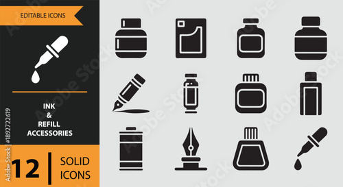 Essential ink and refill accessories solid icons collection for writing and art supplies