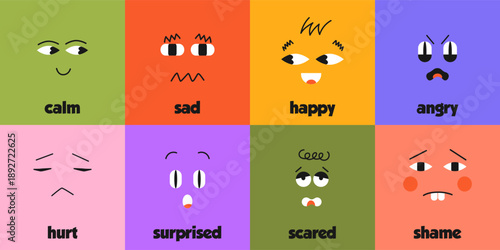 Abstract shape characters with face emotions. Names for training calm, sad, happy, angry, scared, surprised, hurt. Simple shapes forms for stickers, greeting cards, posters, planners.