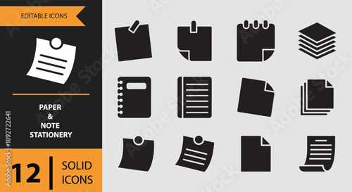 A collection of 12 editable solid icons depicting various paper and note stationery items