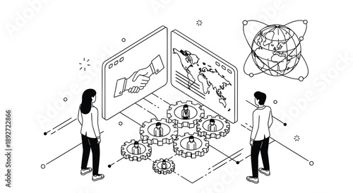 Business partnership concept with people interacting with global network and gear system