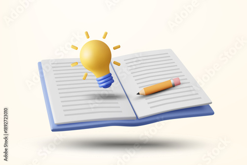 3D vector illustration of open book with light bulb and pencil. Concept for creative writing and storytelling idea. Education homework background template.
