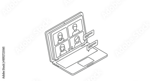 Laptop with four people on video conference call screen in black and white line art style