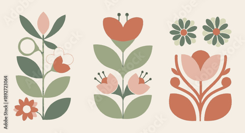 Abstract Folk Art Floral Illustrations in Earthy Tones.