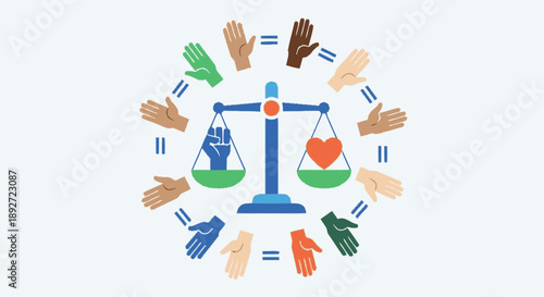 Balance scale with diverse hands and heart symbolizing equality and justice.