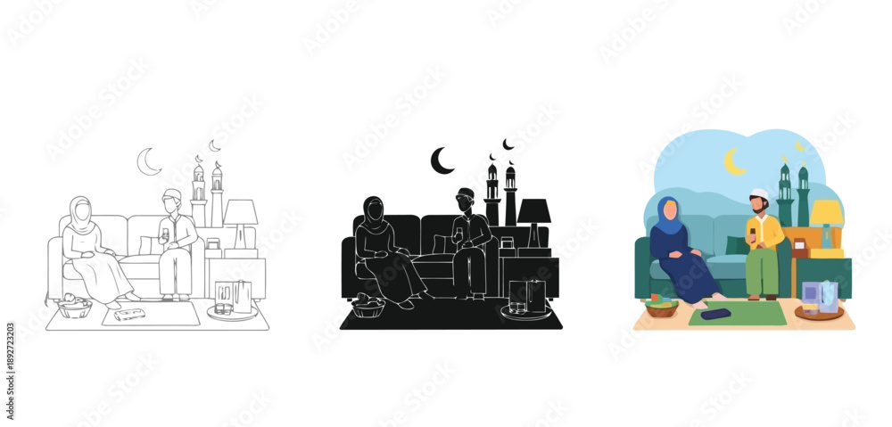 Obraz premium Family Gathering During Night Time in Living Room Vector Set in Three Styles — Line Art, Silhouette and Color Version for Islamic Design, App UI, Posters and Branding