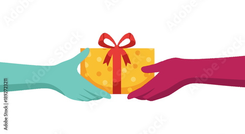 Hands exchanging a gift box with red ribbon.