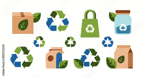 Recycling symbols and eco-friendly packaging collection.