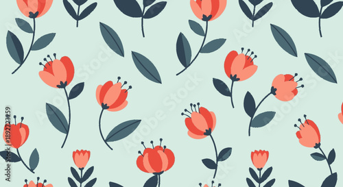 Seamless Floral Pattern with Orange Tulips and Dark Green Leaves.