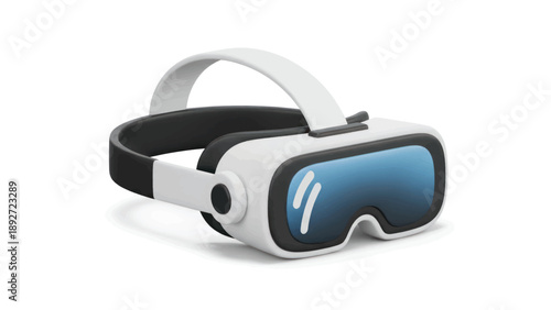 Closeup view of a modern virtual reality headset with blue lenses and white strap.