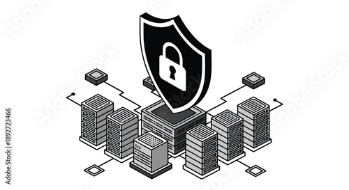 Secure server shield protects data with lock and database towers in cyber security concept
