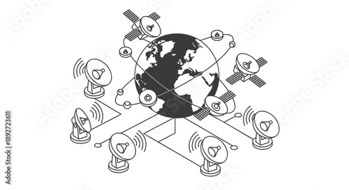 Global network communication satellites orbiting earth with signal waves transmitting data worldwide