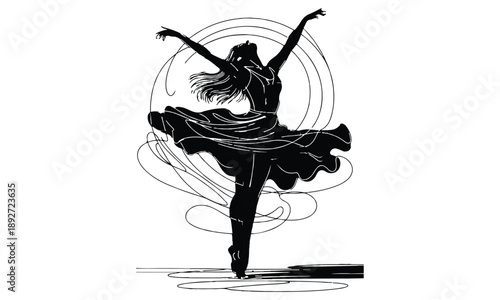 Young graceful woman ballet dancer vector illustration. Beautiful young ballerina standing in ballet pose. Black female silhouette.