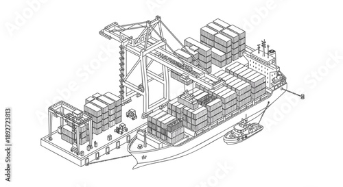 Large cargo ship with containers and crane loading goods at port with tugboat assist