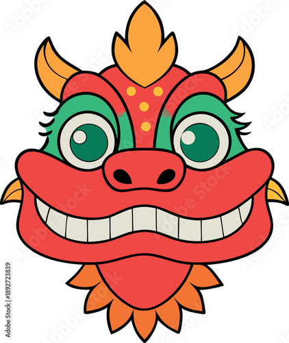 Colorful illustration depicts the cheerful and iconic smiling face of a traditional Chinese dragon head used for festive dances during Lunar New Year celebrations and cultural parades