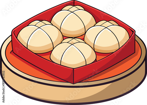 Four perfectly steamed traditional Chinese baozi dumplings resting inside a red square insert placed within a round bamboo steamer basket ready for serving at a dim sum meal.