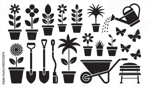 Black vector garden icons collection featuring plants tools and outdoor elements