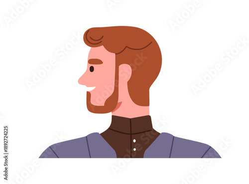 Man profile portrait. Young male in side view with turned head, smiling happy face, beard. Person looking aside with friendly expression. Flat vector illustration isolated on white background.