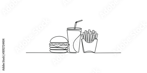 Continuous line art drawing of a fast food meal with a hamburger, fries, and soda