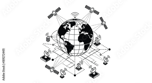 Global network connections with satellites orbiting earth representing worldwide communication and data exchange