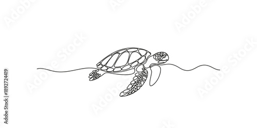 Continuous line art illustration of a magnificent sea turtle gracefully swimming in the water