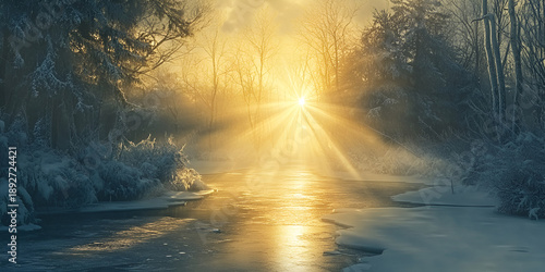 Wallpaper Mural Golden Sunlight Over Frozen Winter River In Forest Torontodigital.ca
