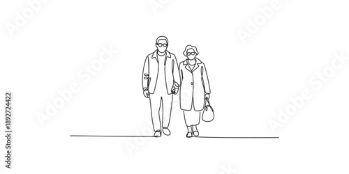 A continuous line art drawing of an elderly couple walking together
