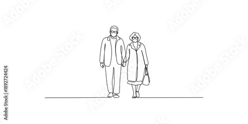 Minimalist single line drawing portraying an old couple holding hands together