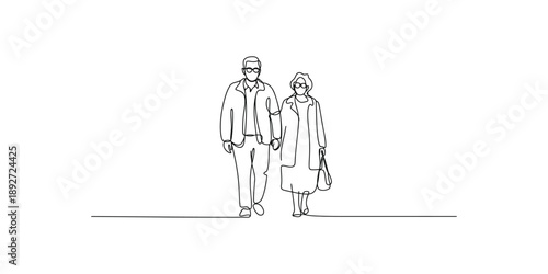 Single continuous line art drawing of an older man and woman walking side by side on white background