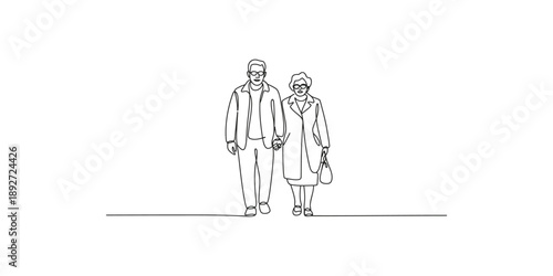 Continuous one line drawing of an elderly couple walking together and holding hands
