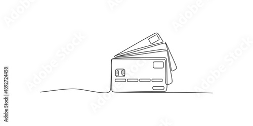 A continuous one line drawing of multiple credit cards stacked together showing financial concept.